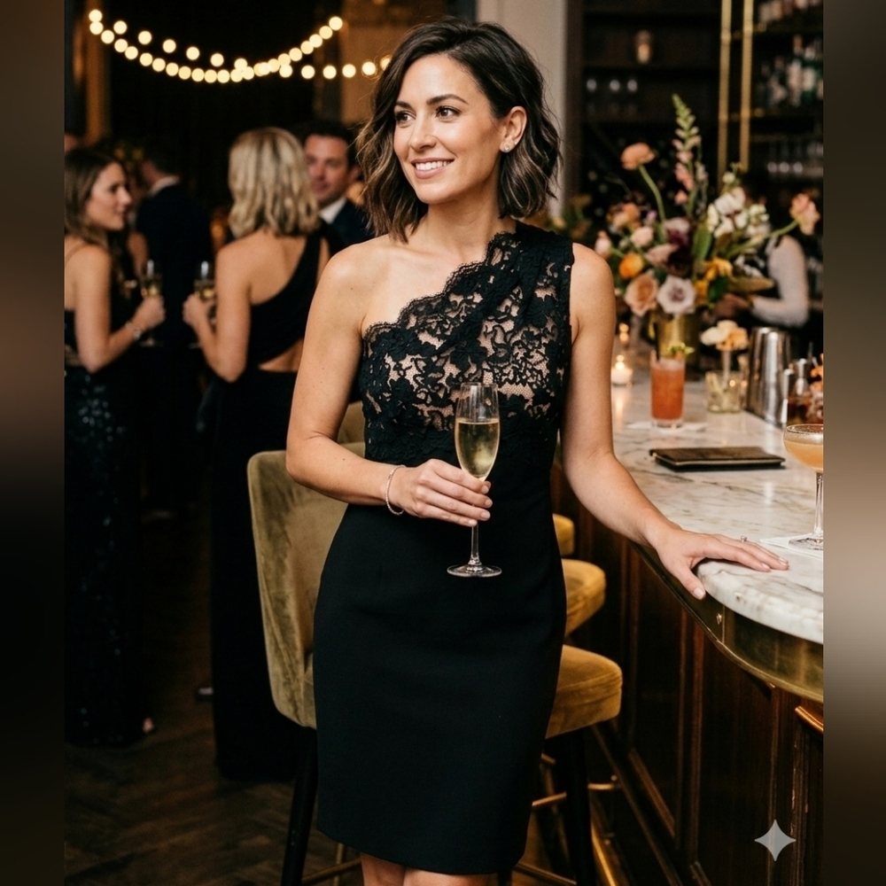 NWT Marchesa Notte SILK black one shoulder cocktail party dress 8